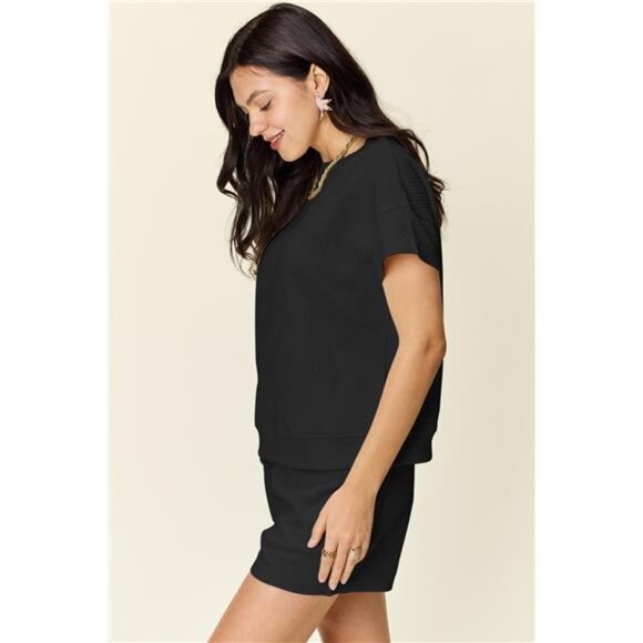 Double Take Full Size Texture Short Sleeve T-Shirt and Drawstring Shorts Set - Picture 5 of 16